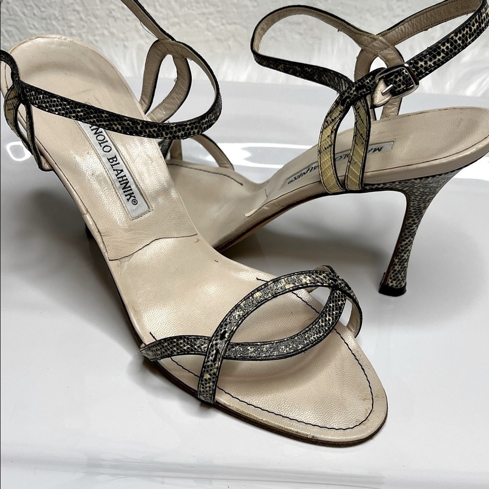 Manolo Blahnik Snakeskin Strappy Heels - Black and Cream